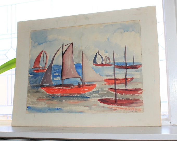 Vintage Watercolor Painting Sailboats 1960s Gertrude Knutson