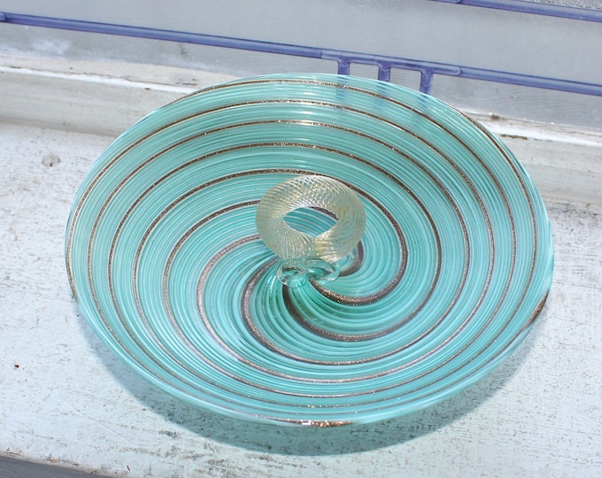 Vintage Venetian Glass Dish with Center Handle Copper Turquoise Spiral