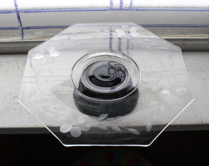 Vintage Art Deco Cake Stand Clear Etched Glass Top & Black Glass Base