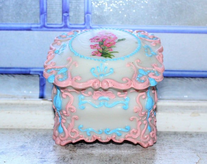 Antique Victorian Milk Glass Trinket Box Pink Flowers Pink & Blue Trim