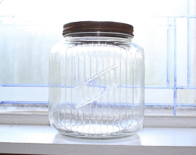 Large Glass Coffee Cookie Jar Kitchen Canister Vintage 1930s