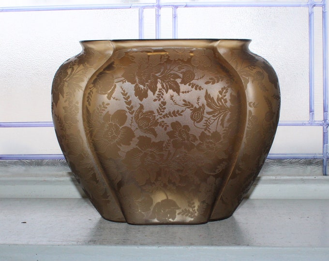 Vintage Consolidated Glass Pillow Vase Smoky Brown Brocade Etched