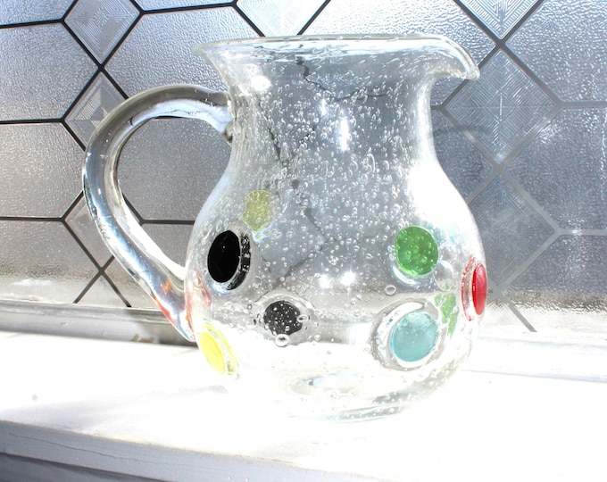 Vintage Art Glass Pitcher Fused Bubble Seeded Glass with Polka Dot Inlays
