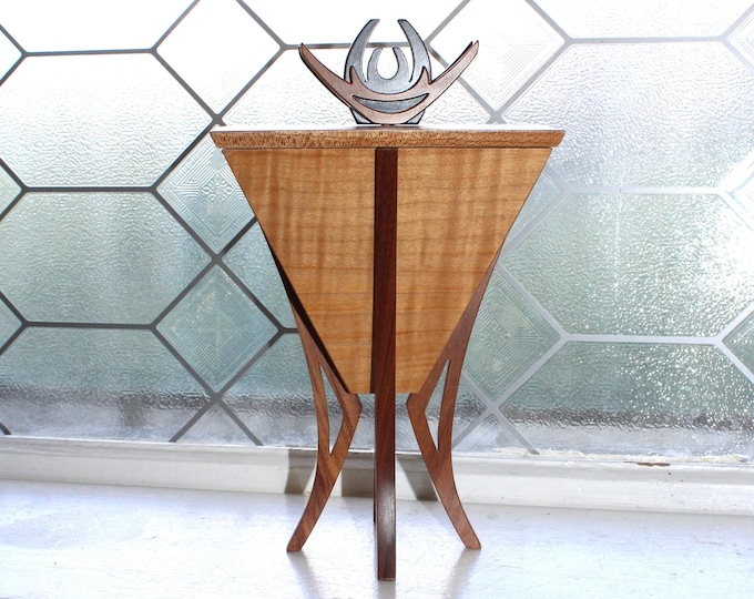 Vintage Modernist Style Handmade Mixed Wood Box with Ornate Finial