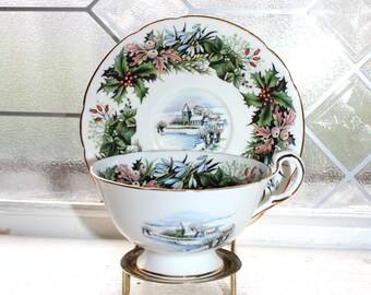 Paragon Tea Cup and Saucer Seasonal Greetings with Gold Trim