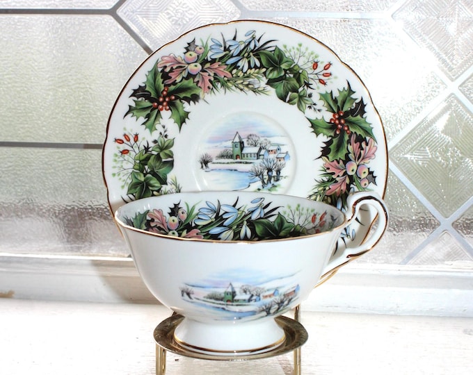 Paragon Tea Cup and Saucer Seasonal Greetings with Gold Trim