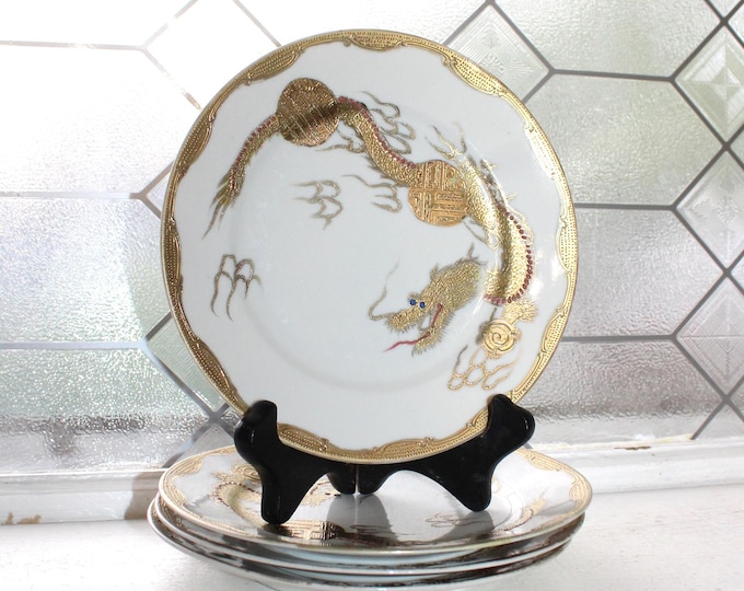 4 Vintage Japanese Gold Moriage Dragonware Porcelain Plates