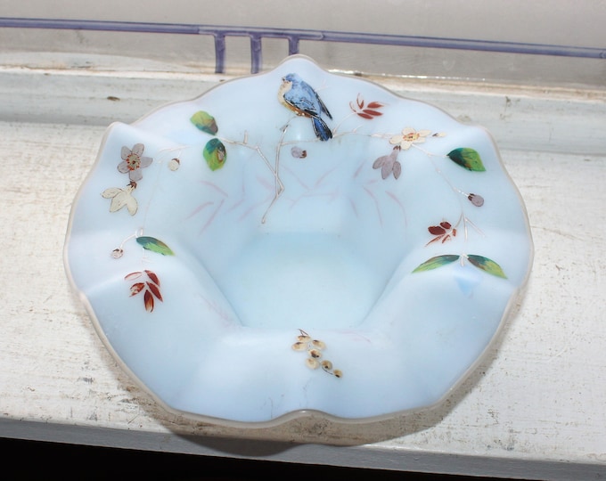 Victorian Blue Satin Glass Dish Hand Painted Flowers Blue Bird 1800s