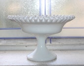Large Vintage Fenton Silver Crest Pedestal Compote Milk Glass