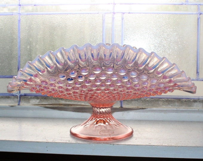 Vintage Fenton Glass Hobnail Banana Basket Fruit Bowl Pink Opalescent