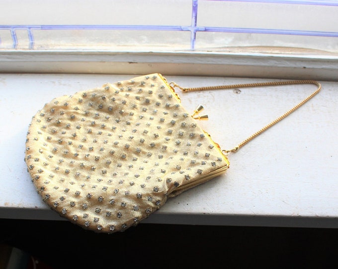 Vintage Walborg Rhinestone Studded Gold Lame Evening Bag Purse 1950s