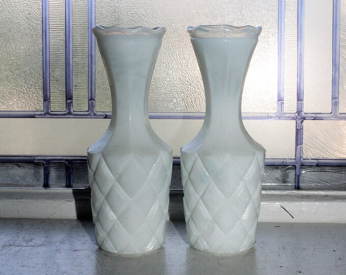 Vintage Milk Glass Vases Pair Quilted Diamond