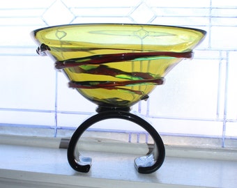 Large Vintage Art Glass Centerpiece Pedestal Bowl Compote with Spiral Ribbons