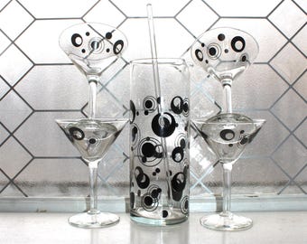 vintage Libbey Glass Mod Black Circles Ensemble à martini pichet agitateur et 4 verres