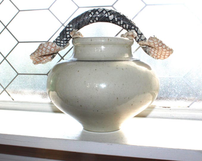 Vintage Studio Pottery Jug Vase with Sculptural Snake Handle Artist Signed