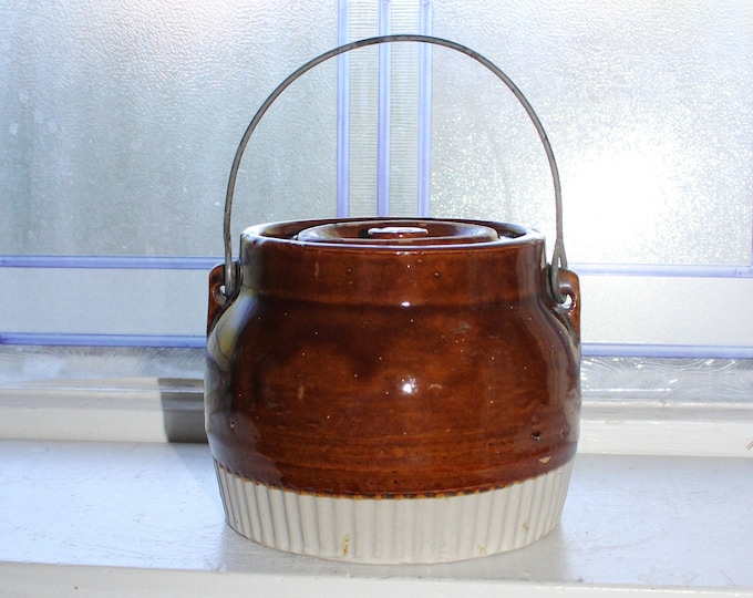 Small Antique Stoneware Bean Pot Bale Handle Brown and White