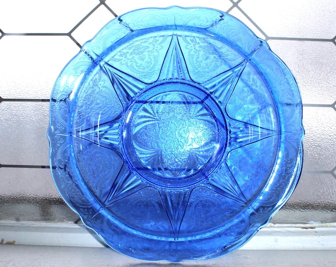 Cobalt Blue Depression Glass Serving Bowl Royal Lace 10 1/4" Vintage 1930s
