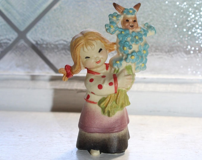 Vintage Anri Carved Wood Girl with Rabbit and Flowers Figurine