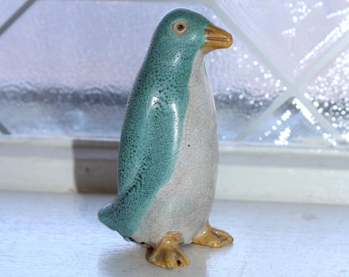 Antique Chinese Export Penguin Figurine Turquoise & White Crackle Glaze
