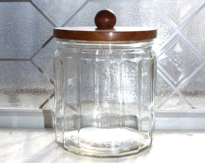 Vintage Algro Paneled Glass Tobacco Humidor Jar with Wood Lid 1950s