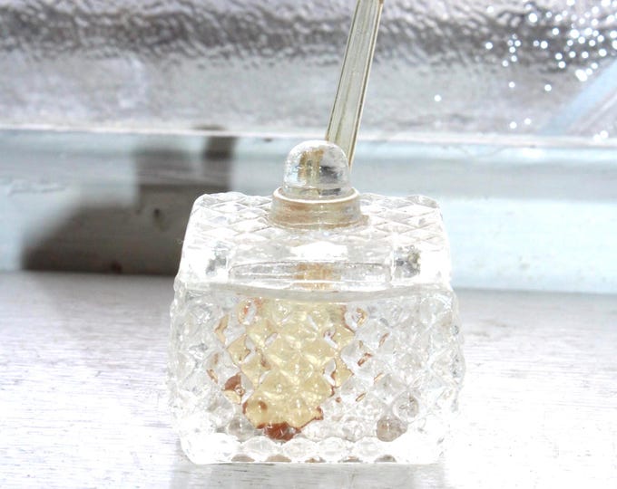 Vintage Crystal Glass Diamond Point Salt Dip with Lid & Spoon