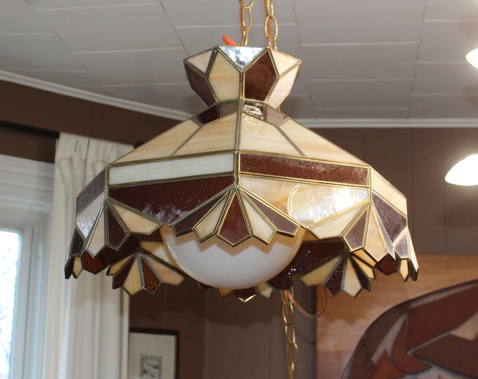 Large Vintage Mission Style Stained Glass Hanging Light Fixture Chandelier 1970s
