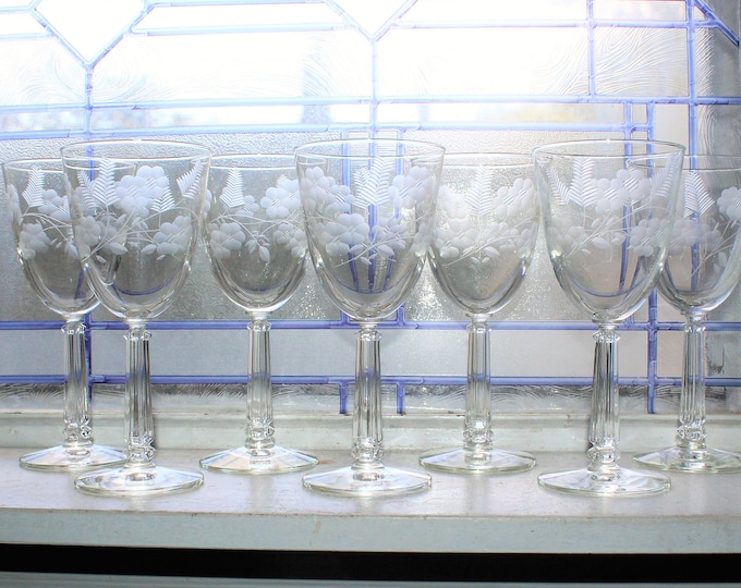 7 Tall Wheel Cut Wine Glasses Vintage Stemware