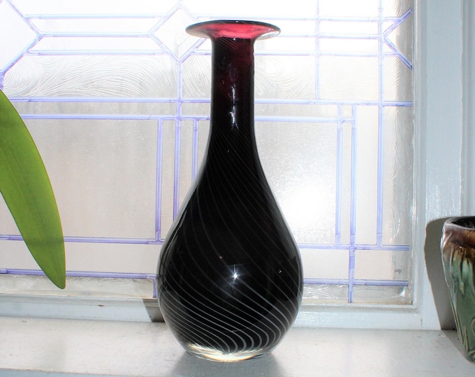 Amethyst Purple Glass Vase with Spiral Pattern Vintage Art Glass