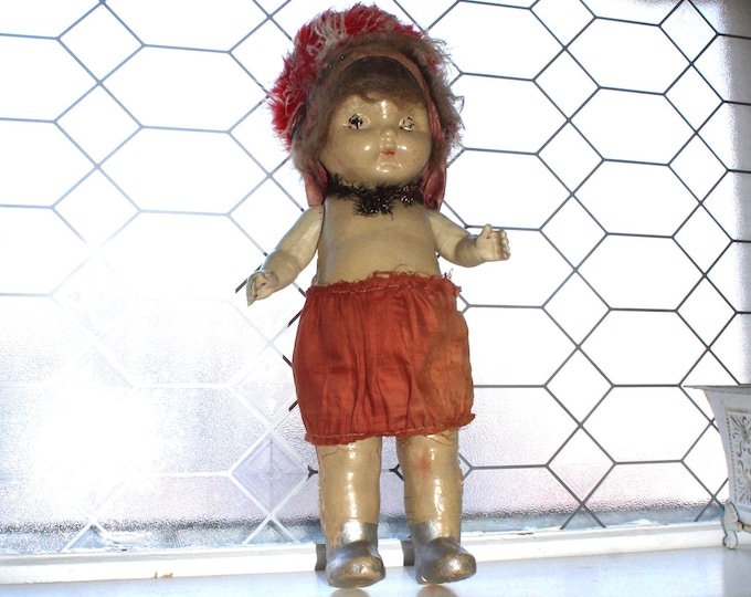 Antique Creepy Doll with Native American Head Dress 18"