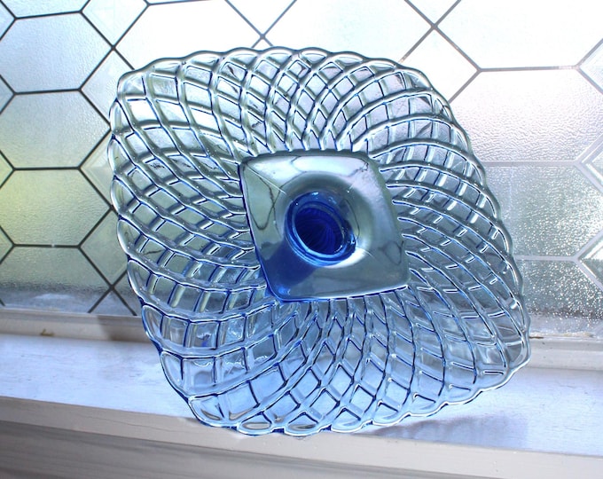 Large Vintage L E Smith Trellis Cake Stand Blue Glass