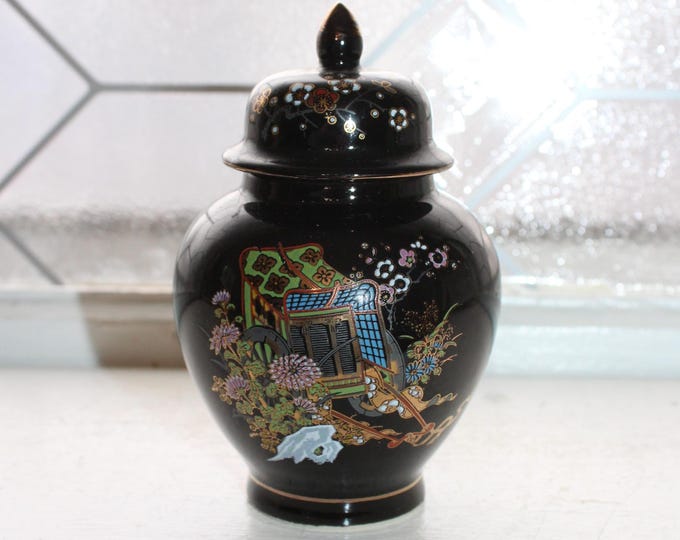 Vintage Japanese Black Porcelain Ginger Jar Imperial Chariot & Chinoiserie
