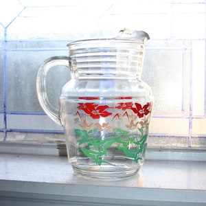 Vintage clear GLASS PITCHER W/LID ETCHING DESIGN FLOWERS & Dots