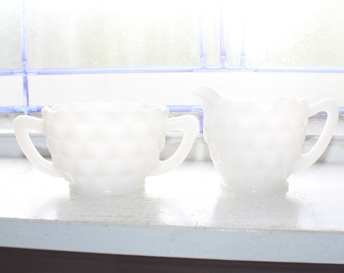 Vintage Milk Glass Creamer and Sugar Cube Cubist