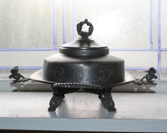 Antique Victorian Round Domed Butter Dish Figural Birds by Empire