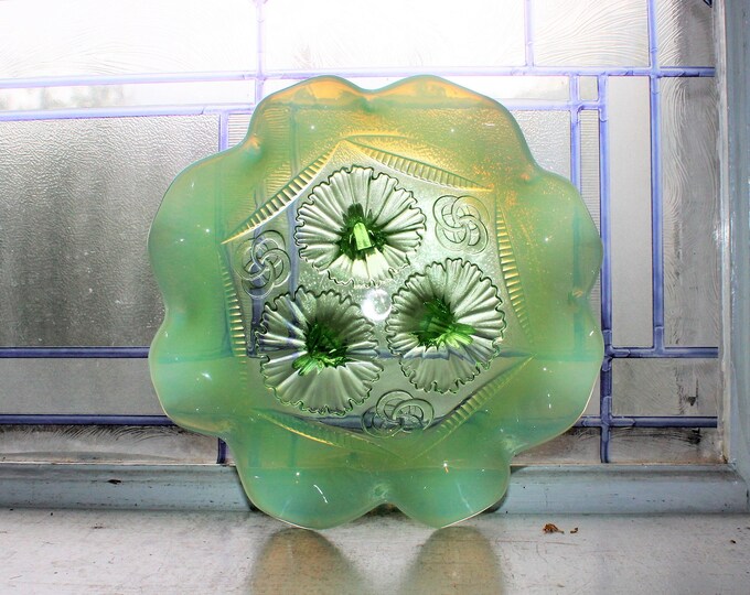 Antique Green Opalescent Glass Bowl Northwood Ruffles and Rings Footed Dish