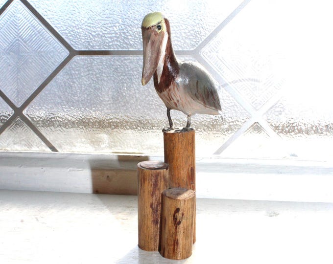 Vintage Folk Art Hand Carved Wood Pelican on Stump by Rex Emerson