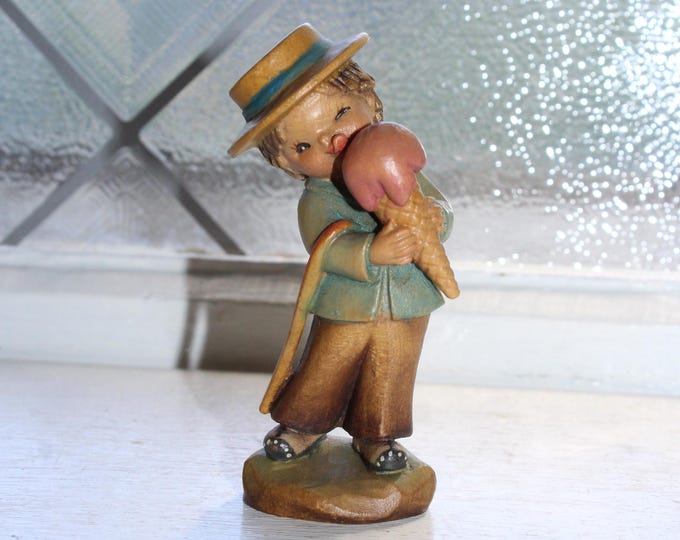 Vintage Anri Carved Wood Summertime Figurine Boy with Ice Cream Cone