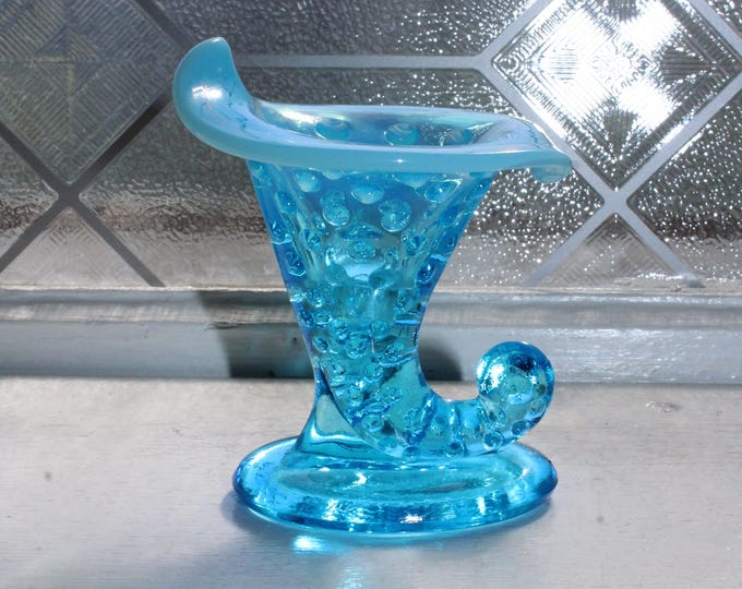 Fenton Glass Blue Opalescent Hobnail Cornucopia Vase 1950s