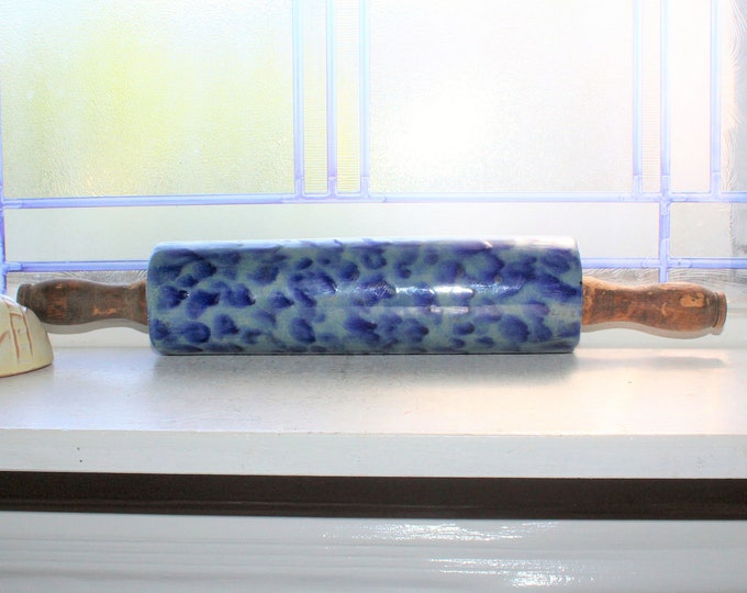 Antique Blue and Gray Stoneware Rolling Pin Spotted Decoration 1800s