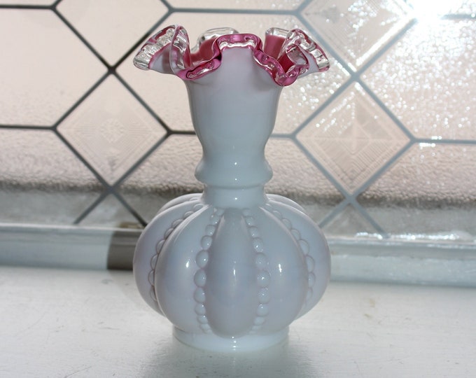 Vintage Fenton Peach Crest Vase Beaded Melon Ribbed