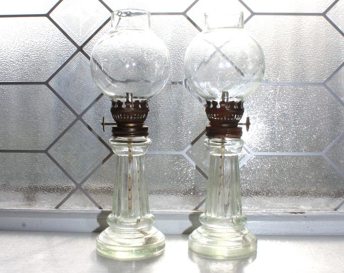Vintage Clear Glass Oil Lamps Pair 8 3/4"