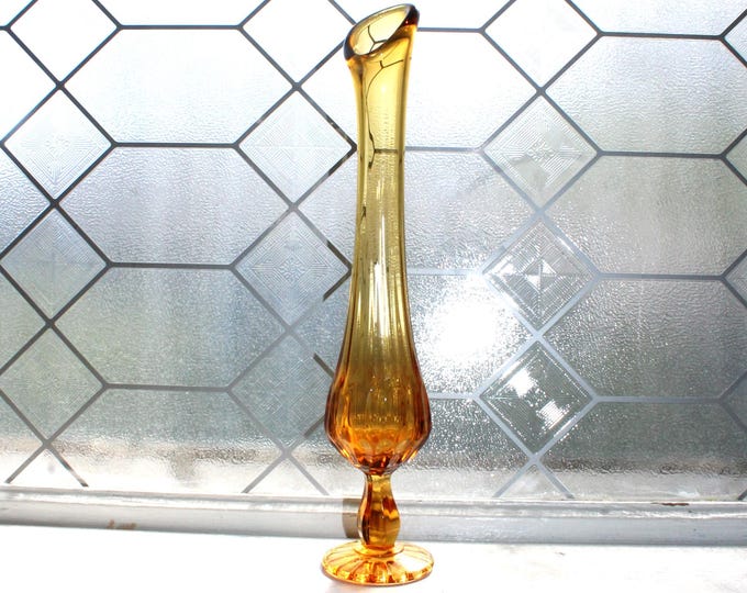 Large Fenton Colonial Amber Swung Glass Vase 12" Vintage Mid Century Modern