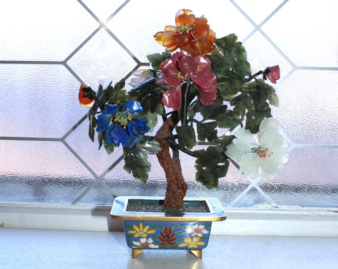Chinese Bonsai Carved Stone Tree Flower Arrangement in Cloisonne Footed Planter