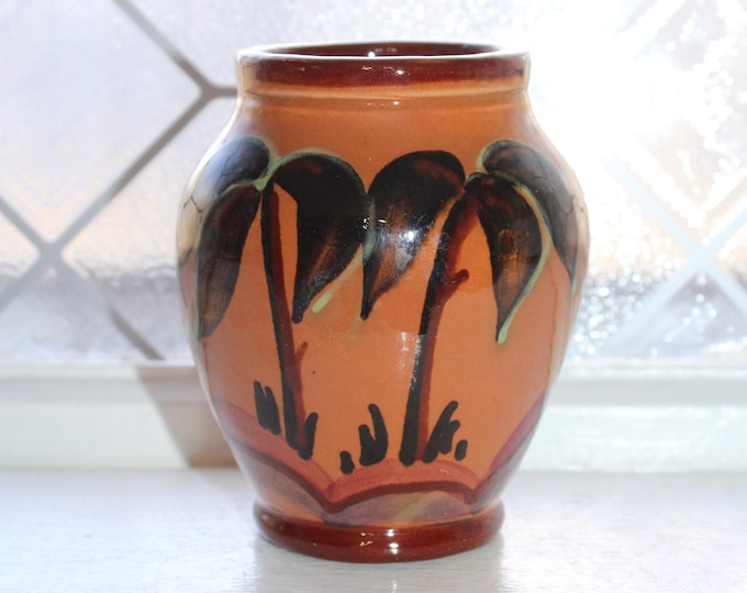 Antique German Art Pottery Cabinet Vase Hand Painted Palm Trees