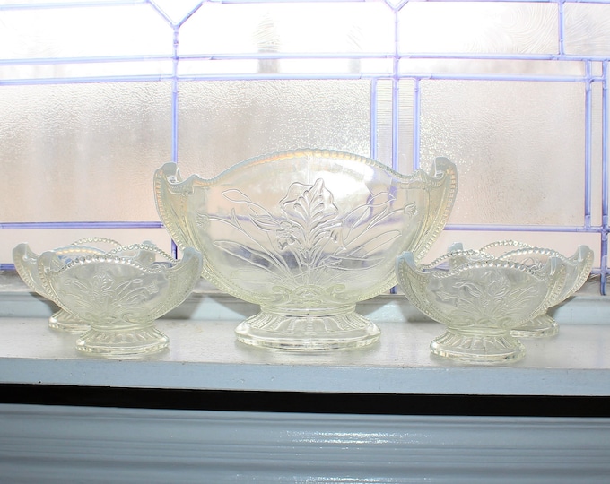 Opalescent Glass Berry Bowl Set Antique EAPG Northwood Wild Bouquet Iris