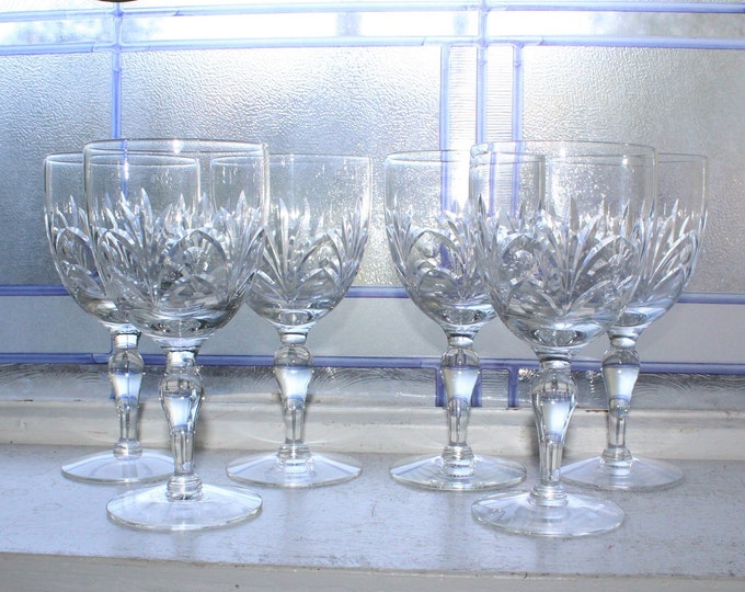 6 Vintage Elegant Cut Crystal Wine Glasses