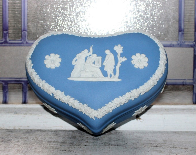 Vintage Wedgwood Heart Trinket Box Blue and White Jasperware 1960s