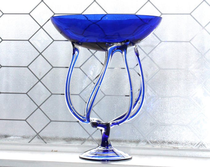 Large Vintage Blue Jellyfish Art Glass Compote Centerpiece Jozefina Krosno Poland