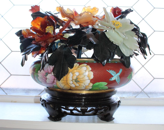 Large Chinese Bonsai Carved Stone Flower Arrangement in Cloisonne Planter