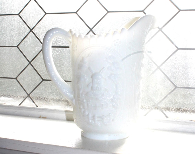 Large Imperial Milk Glass Windmill & Fisherman Pitcher 8 1/2" Vintage 1960s
